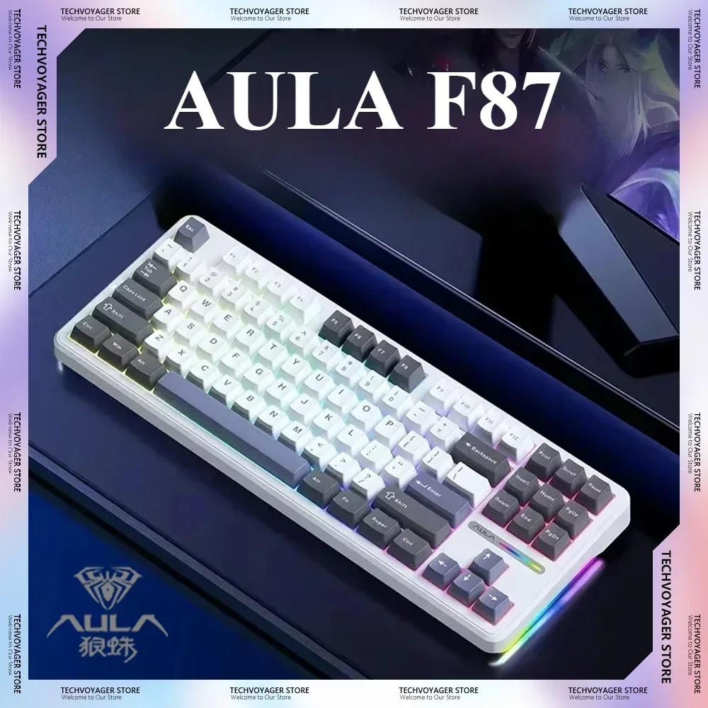 

AULA F87 Mechanical Keyboards Grey Wood Switch Wired Space Gold Switch Tri Mode Keyboards RGB Side Light Hot Swappable for Gamer