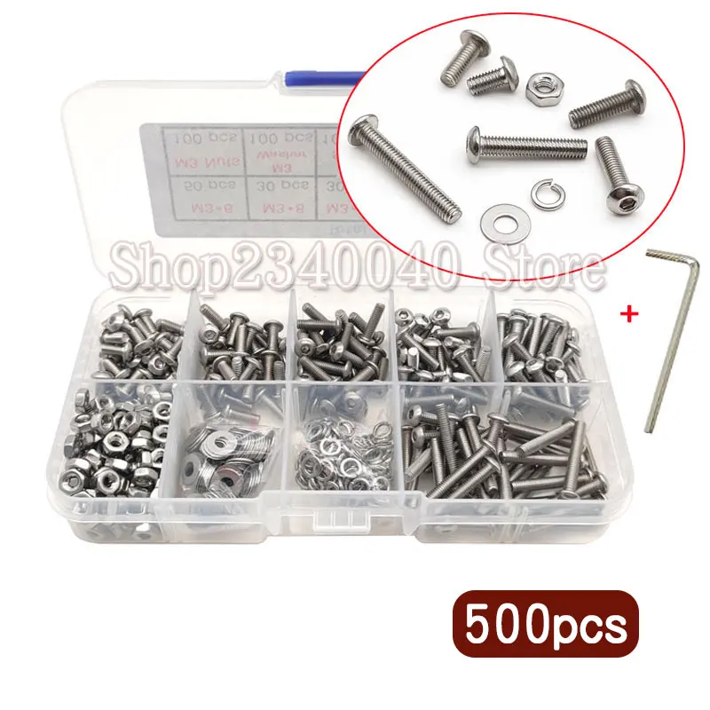 

500pcs M3 Nuts Washers and Bolts Assortment Kit 304 Stainless Steel Machine Screws Hex M3 Hex Socket Bolt Kit with Wrench