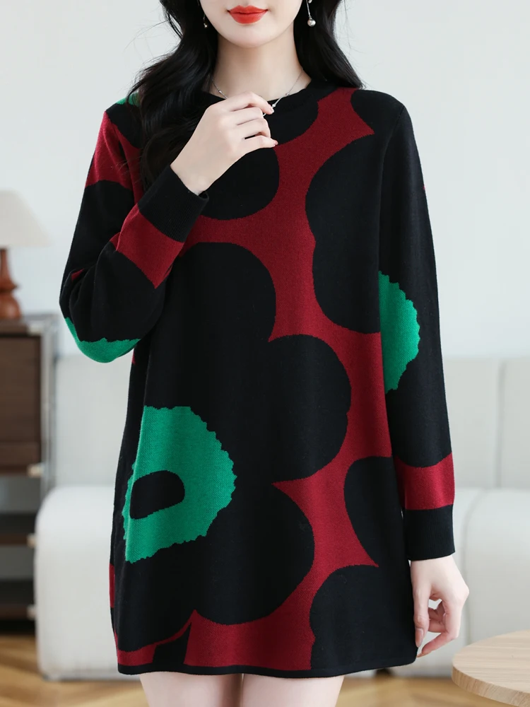 

Print Sweater Dress Woman Autumn Winter Pullover Femme Women Clothing Long Sleeve Top Casual Long Knitwear Sweaters