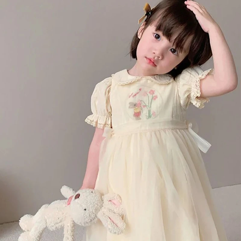 1-9Y New Baby Kid Girl Spring Summer Cream Color Kids Infant Dress Children Doll Collar Embroidered Yarn Dress Girls Clothes