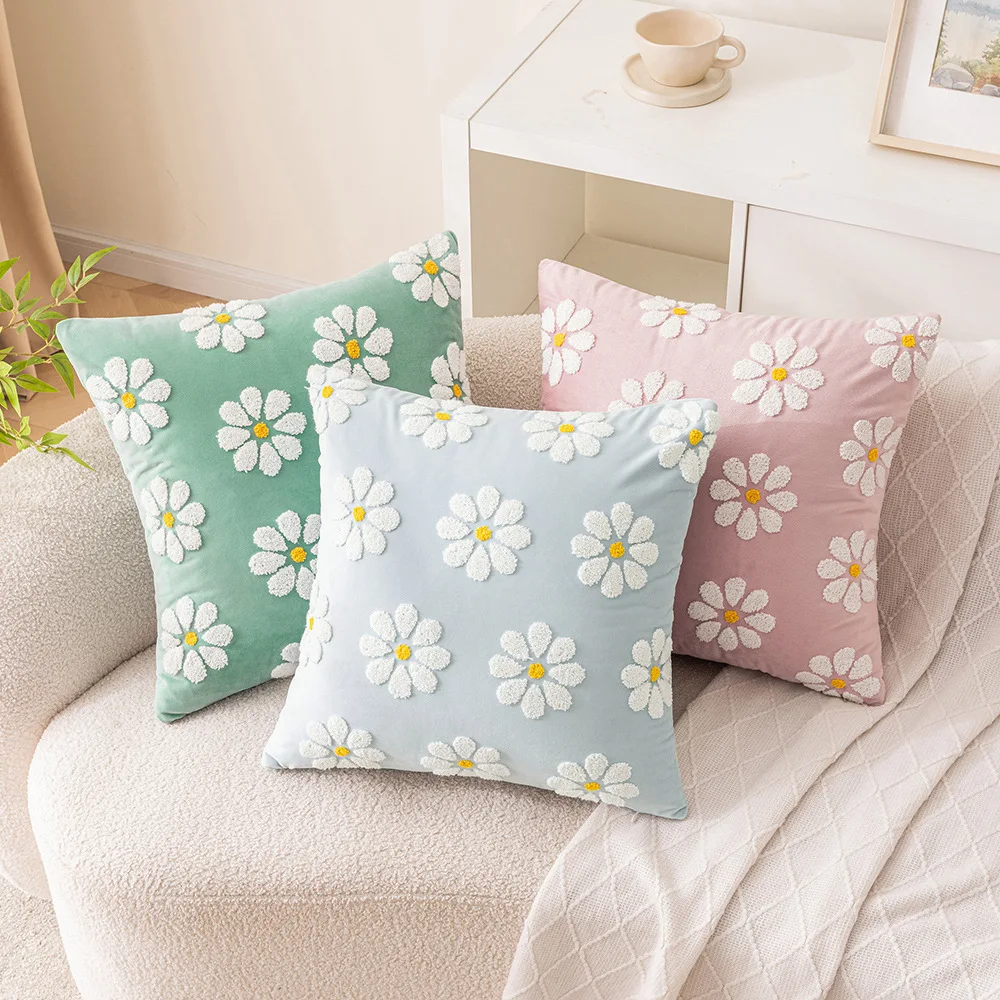 

Colorful Embroidery Daisy Pillows Pillow Covers Summer Blue Farmhouse Cushion Covers Decorative Sofa Pillow Cases For Home Decor