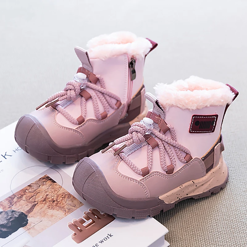 

Winter Plush Boots For Children PU Leather Waterproof Teenager Kid's Snow Boots Thick Warm Outdoor Winter Running Warm Boots Kid