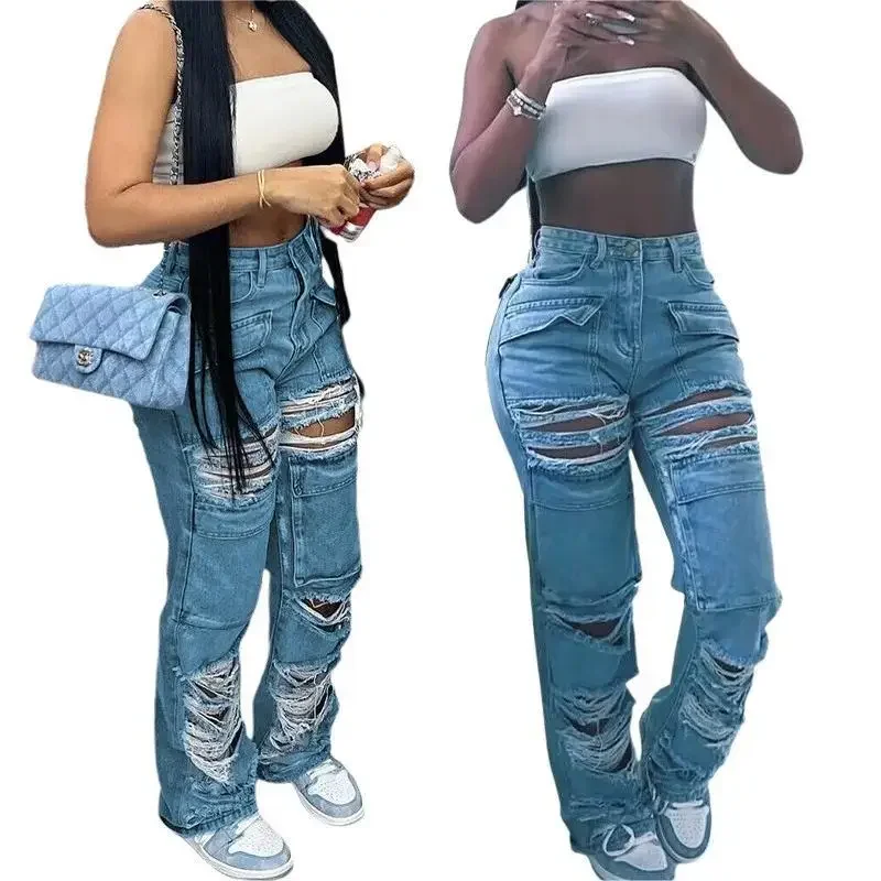 Damskie dżinsy Denim Patchwork proste spodnie dziury w trudnej sytuacji kieszenie pranie główna ulica niskiej talii zamek błyskawiczny Fly płaskie zimowe