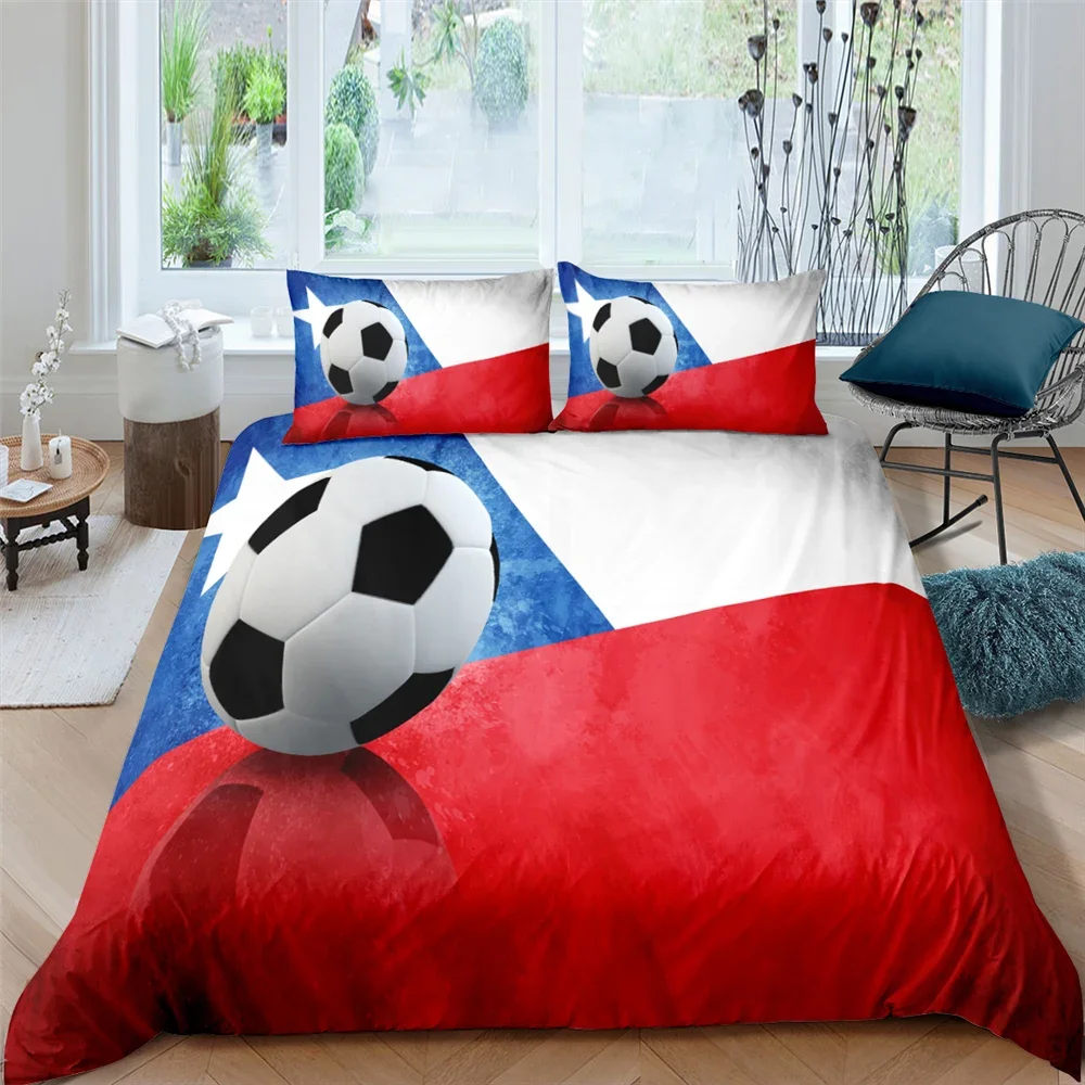 3D Football King Queen Duvet Cover Soccer Bedding Set for Kids Teens Boys Ball Sports White Red 2/3pcs Polyester Quilt Cover