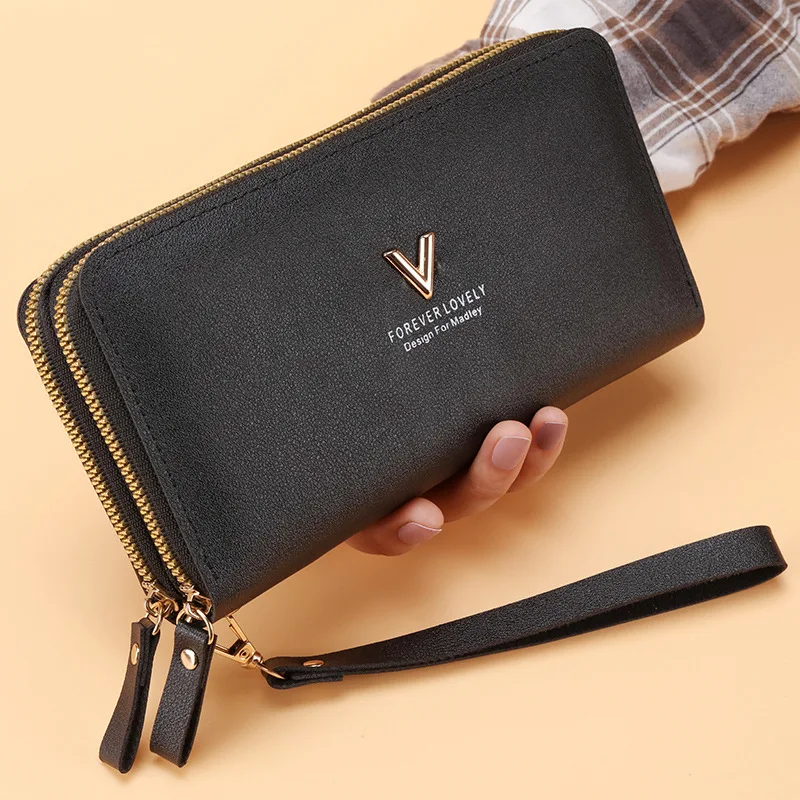 Women Double Zipper Wallets Fashion V Female Solid Color Leather Coin Purses Ladies Long Wristband Card Holder Clutch Bag