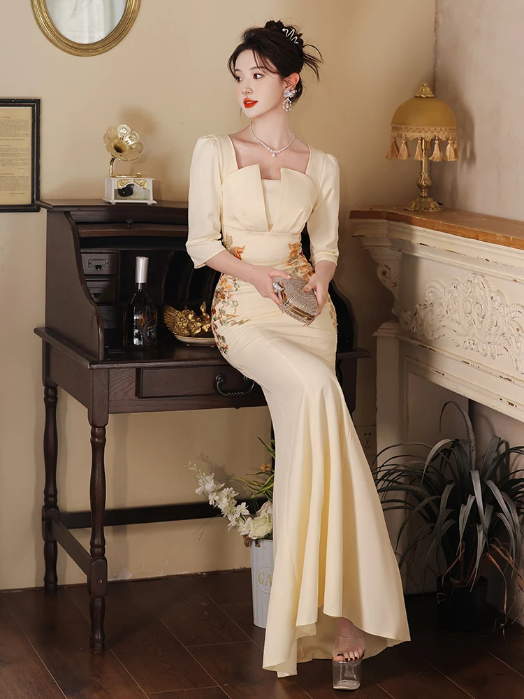 

Потрясающее вечернее платье для женщин: элитное, роскошное, с индивидуальным пошивом, юбка-русалка, для важных мероприятий, новинка 2025 года, винтажный стиль, с цветочным узором, средней длины.