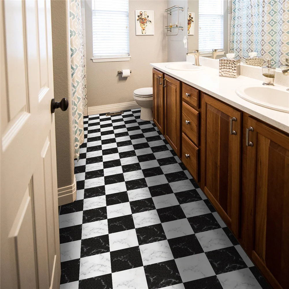 Carreaux de mosaïque noir et blanc, autocollant de sol en marbre Bergame, autocollants décoratifs de rénovation de sol de cuisine, papier peint auto-adhésif