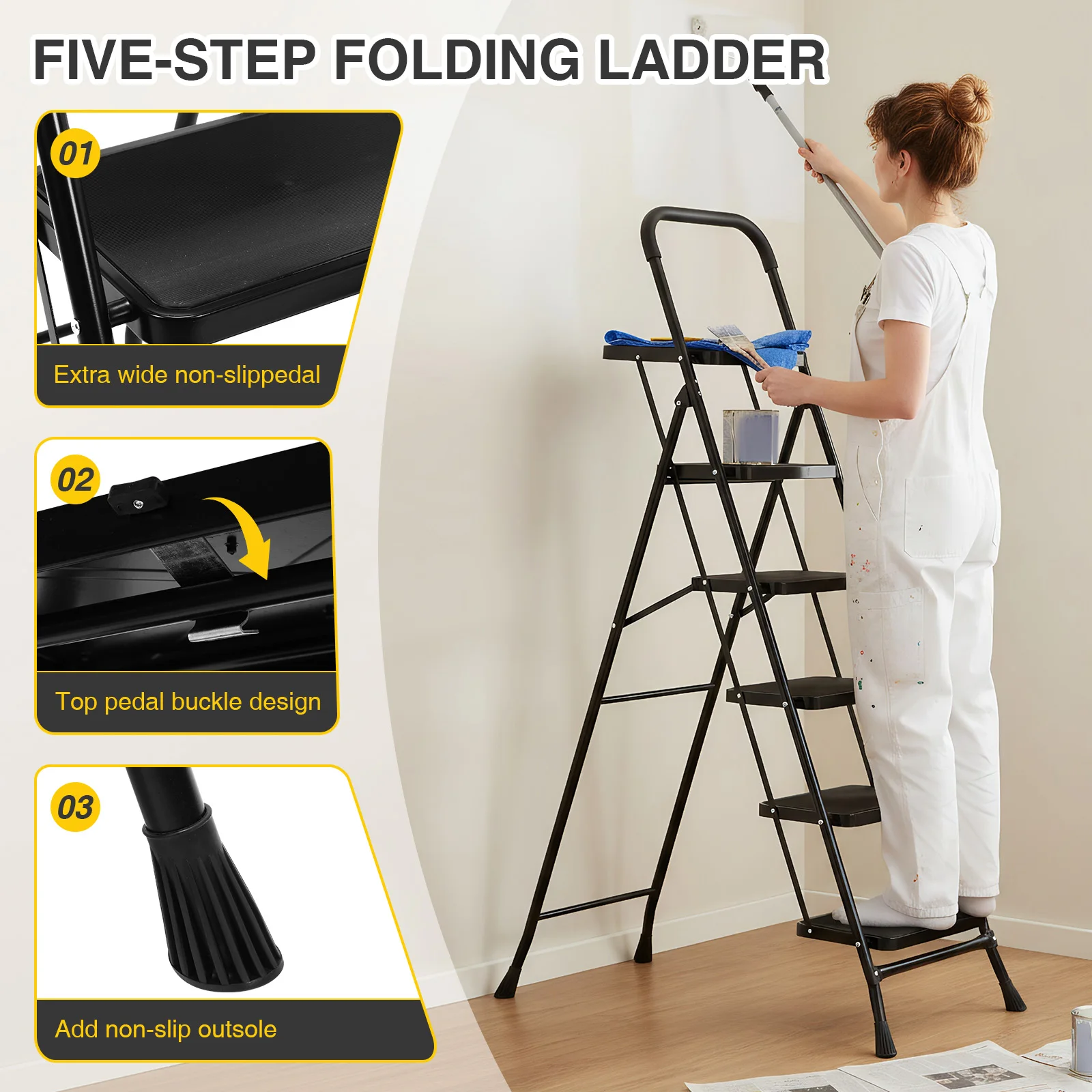 

5 Step Ladder Portable Safety Ladder Support 330lbs Safety Locking with Wide Anti-Slip Pedal for Home Kitchen Pantry Office