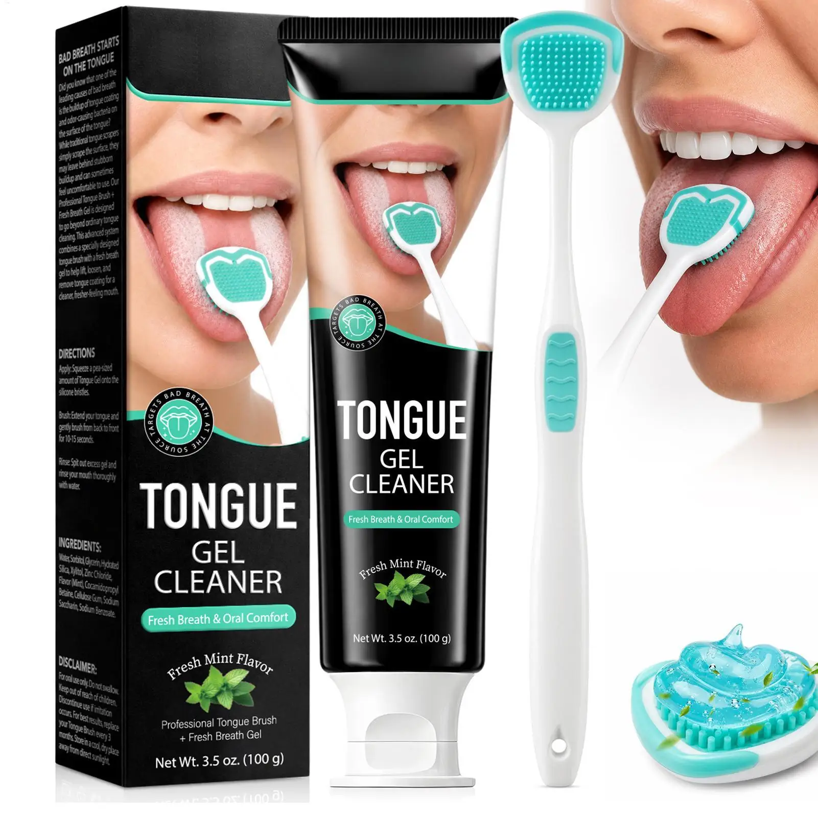 Tongue Coating Gel With 2-Sided Soft Silicone Bristle Brush Cleanses Tongue Coating,Removes Bad Breath Daily Cleaning, care gel