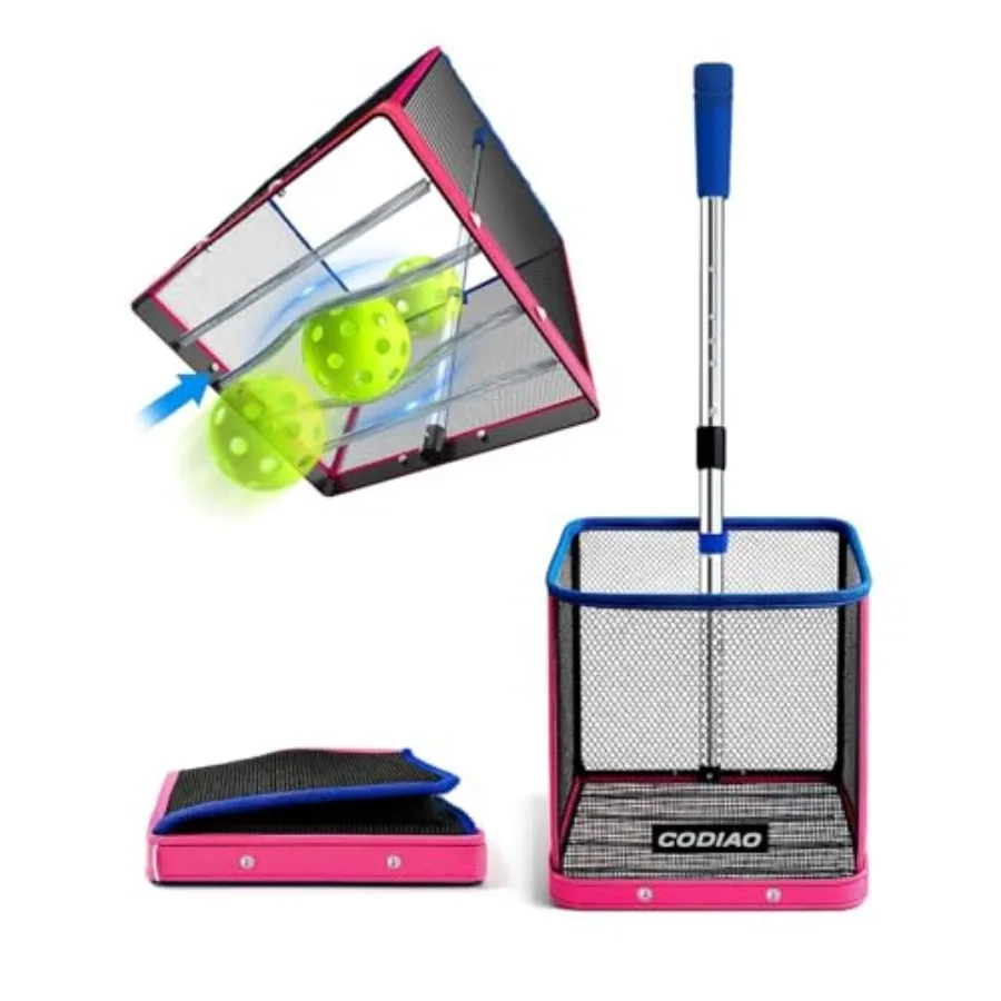 

Pickleball Picker Upper 40+ Ball Capacity Hopper Holder Foldable Basket with Telescopic Stainless Steel Handle Quick Pickup No