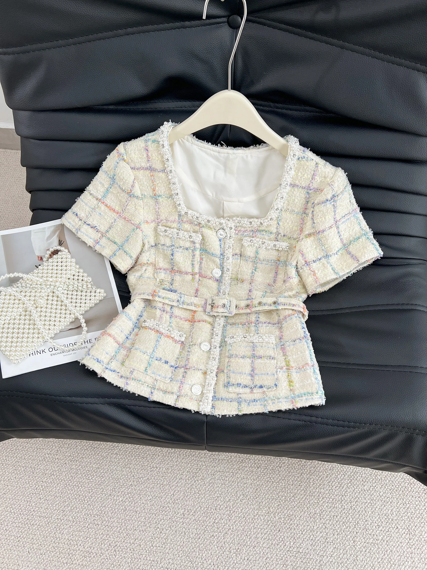 

Faionable ort Трикотажная клетчатая женская куртка с бисером, летняя новинка, женский топ Small Fraance, облегающий крой