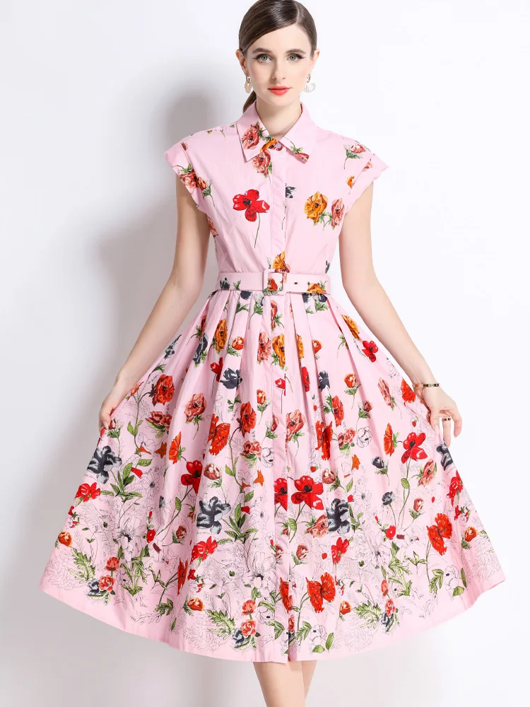 รันเวย์ Designer ดอกไม้พิมพ์เสื้อแขนสั้นชุดผู้หญิงฤดูร้อนแฟชั่นเดี่ยวลําลองเข็มขัด Party Dresses หญิง