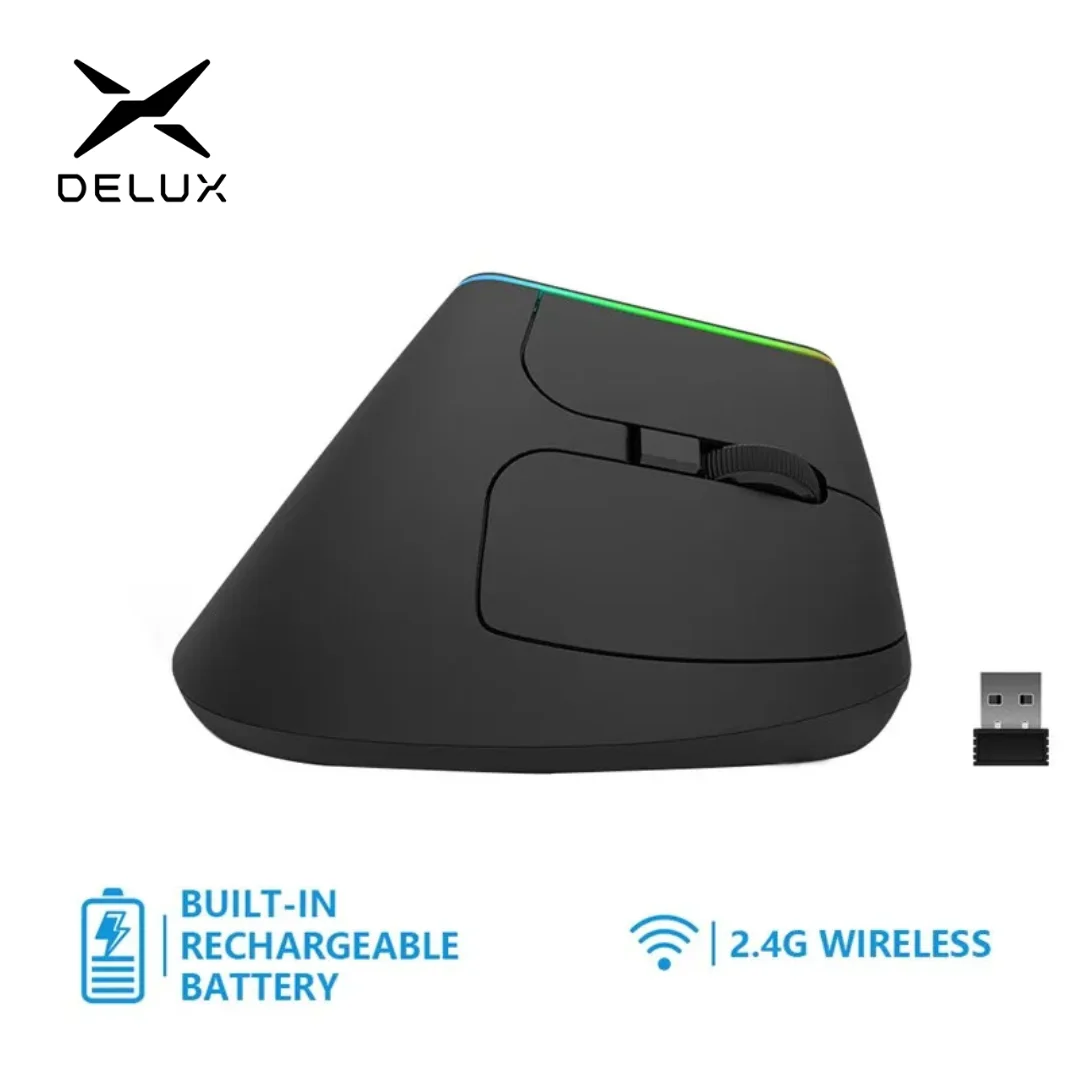 Delux m618db mouse vertical ergonômico recarregável sem fio 2.4ghz mouse para jogos rgb 1600 dpi ratos verticais para computador portátil