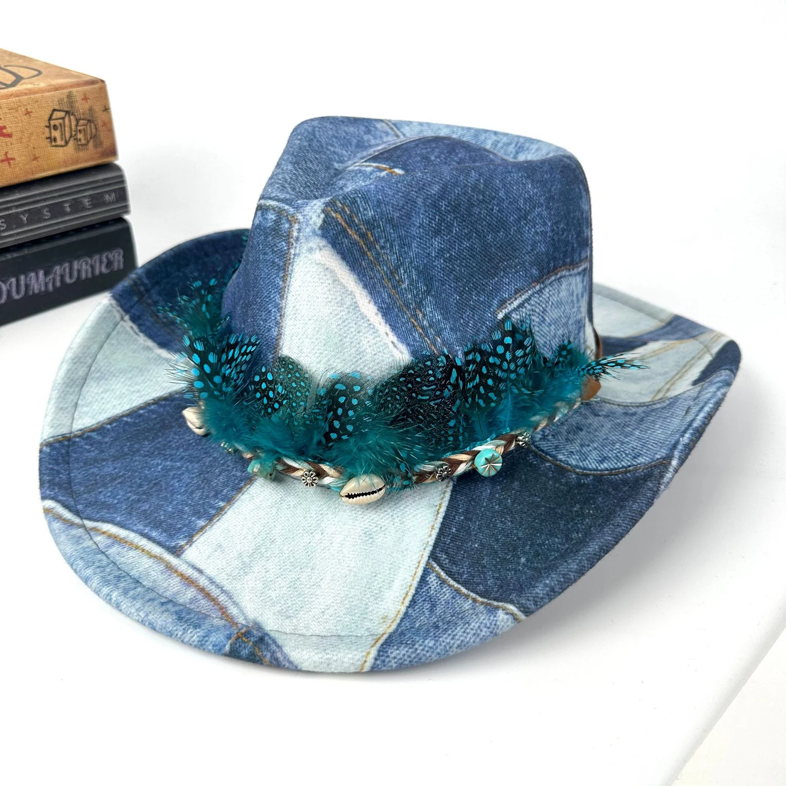 Feather Shell Belt Denim Cowgirl Hat for Women Men Retro Wide Brim Contrast Color Western Caps Outdoor Party Panama Jazz Hats