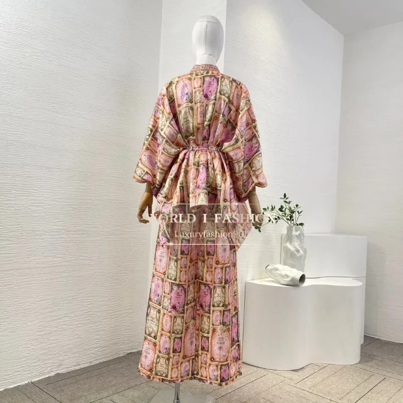 Conjunto de blusa y pantalones con cuello levantado y manga larga con estampado floral rosa Seda 2025 Alta calidad