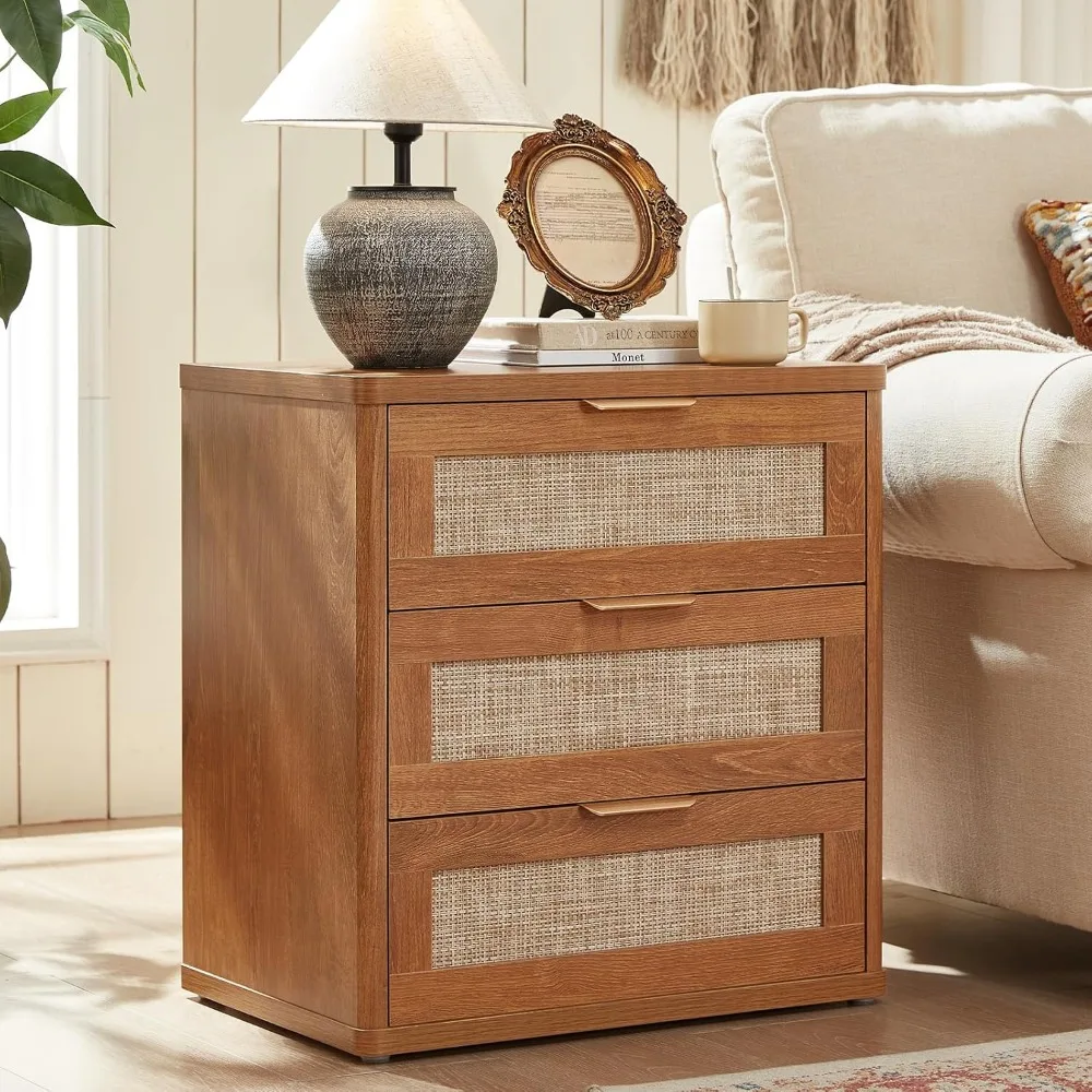 

Rattan Night Stand with Drawers, 23" Large 3 Drawer Boho Nightstand, Natural Wood Bedside Table Storage Cabinet, Bed Side End T