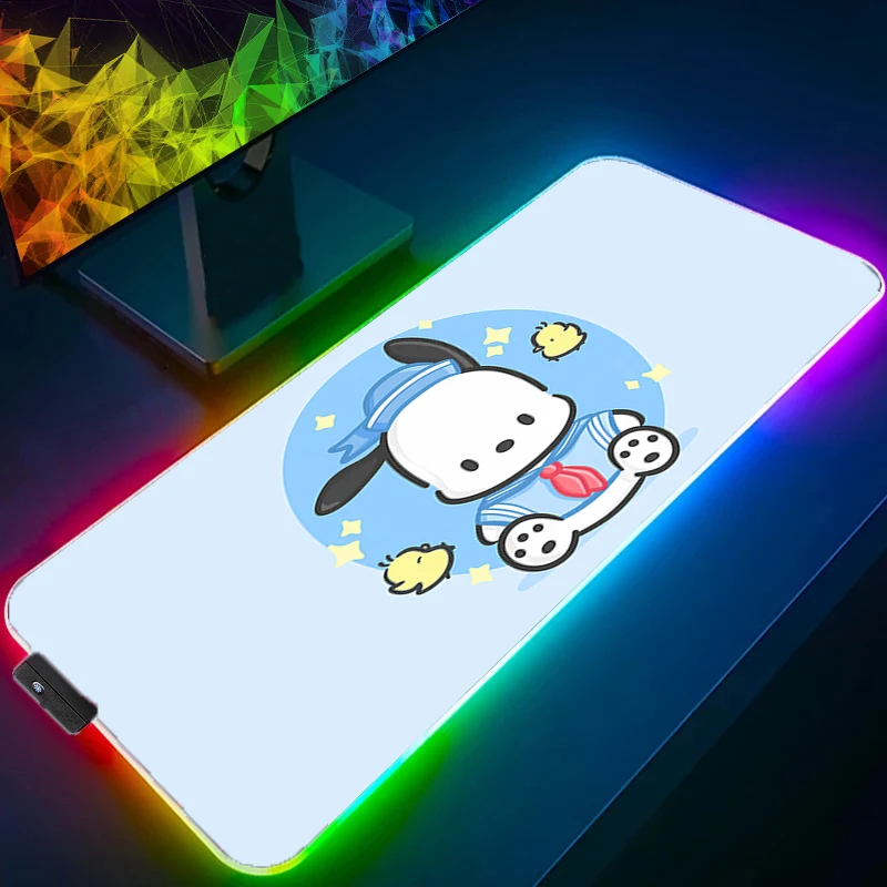 

RGB большой коврик для мыши для киберспорта P-pochacco, гладкий гибкий резиновый геймерский ПК, компьютерная клавиатура, подсветка 900x400, светодиодный аниме-мосуэпад