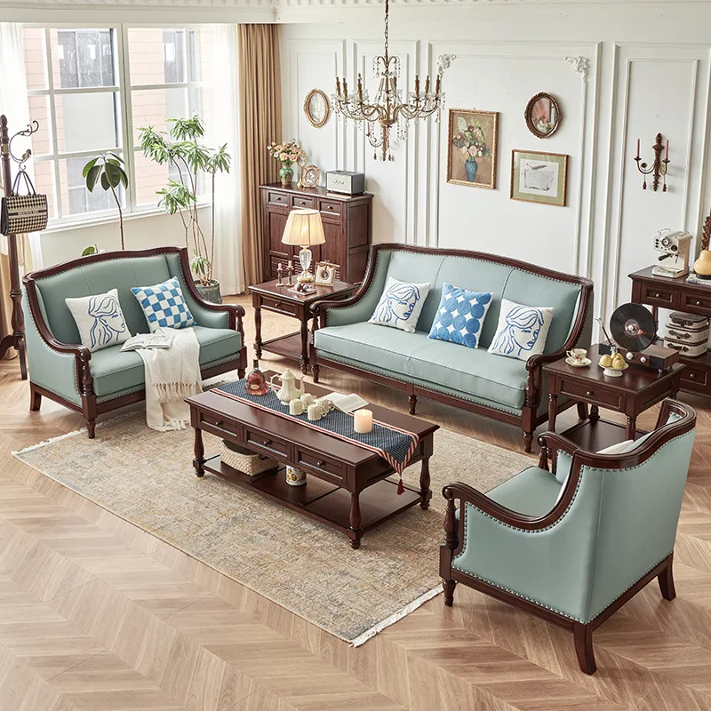 American sofa cherry wood solid wood leather first layer cowhide straight row