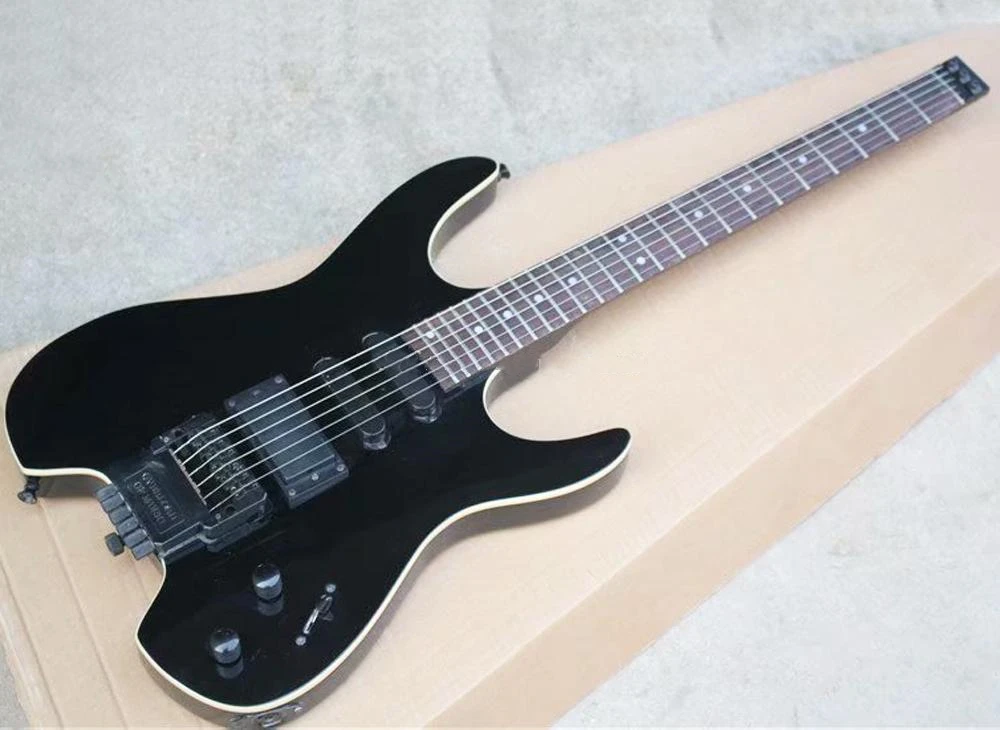 Flyoung 6 Strings Headless Black Electric Guitar with 24 Frets,Body Binding,Offer Customize