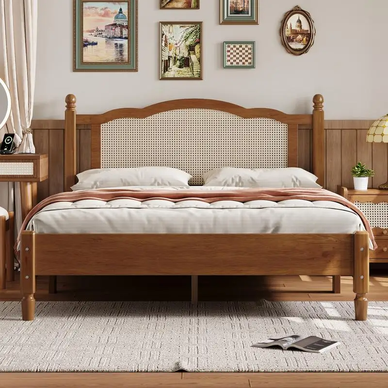 Queen Size Wooden Platform Bed with Natural Rattan Headboard, Vintage Style Frame with Wooden Slats for Support, Walnut Finish