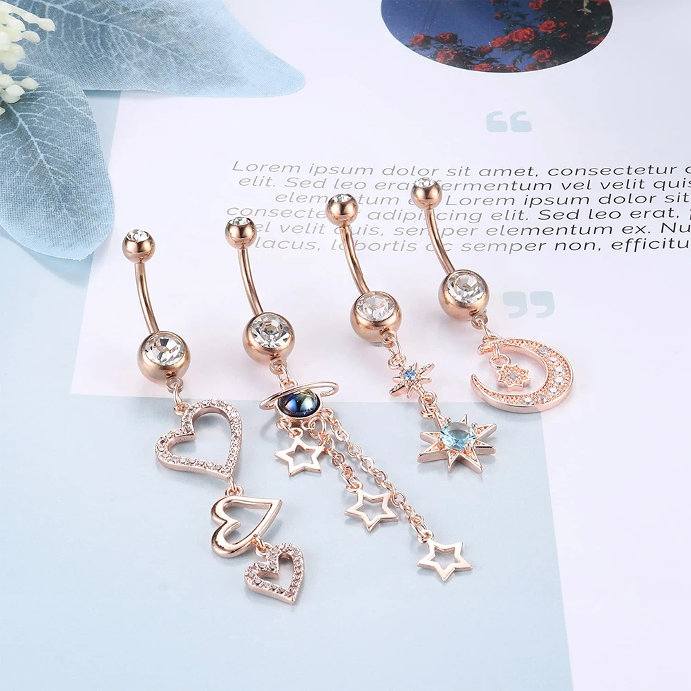 Blue Crystals Belly Button Rings Women Dangle Surgical Steel Navel Rings Cubic Zirconia Star Moon Piercing Ombligo Oreja Jewelry