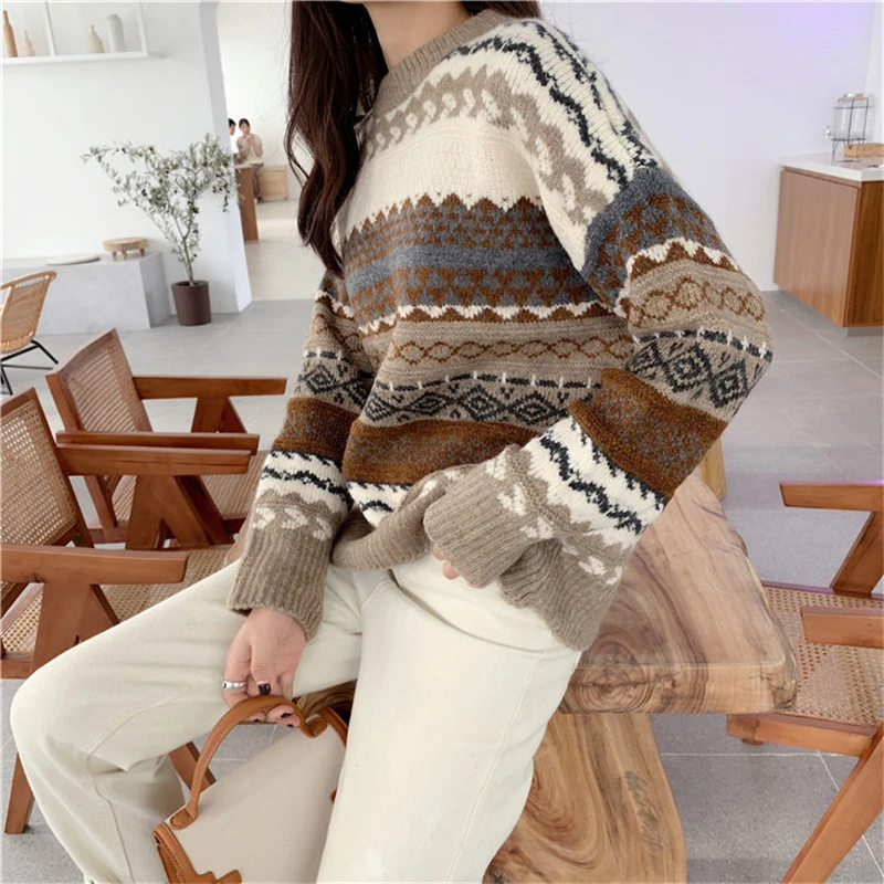 Vintage Argyle Casual Simple Loose Streetwear Outewear Knitted Sweater Women Autumn Winter Thick Long Sleeve Pullovers Clothing