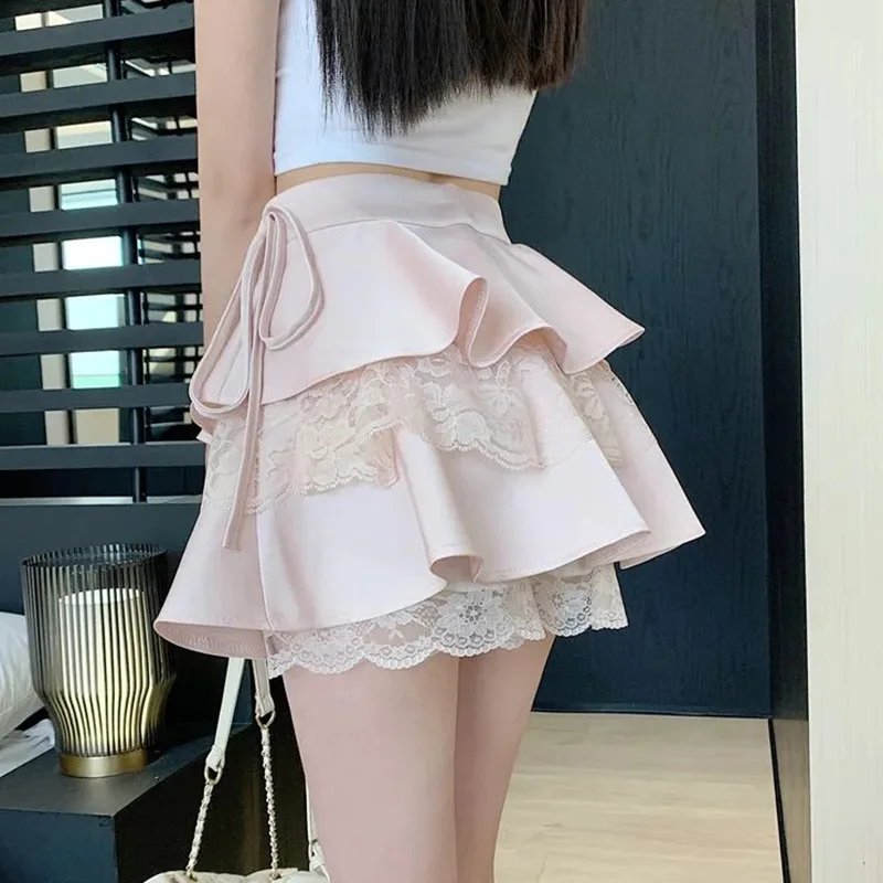 Rimocy Sweet Lace Patchwork Short Skirt Women 2025 Summer Lace Up Layer Cake Skirt Woman Lolita High Waist A Line Skirts Female