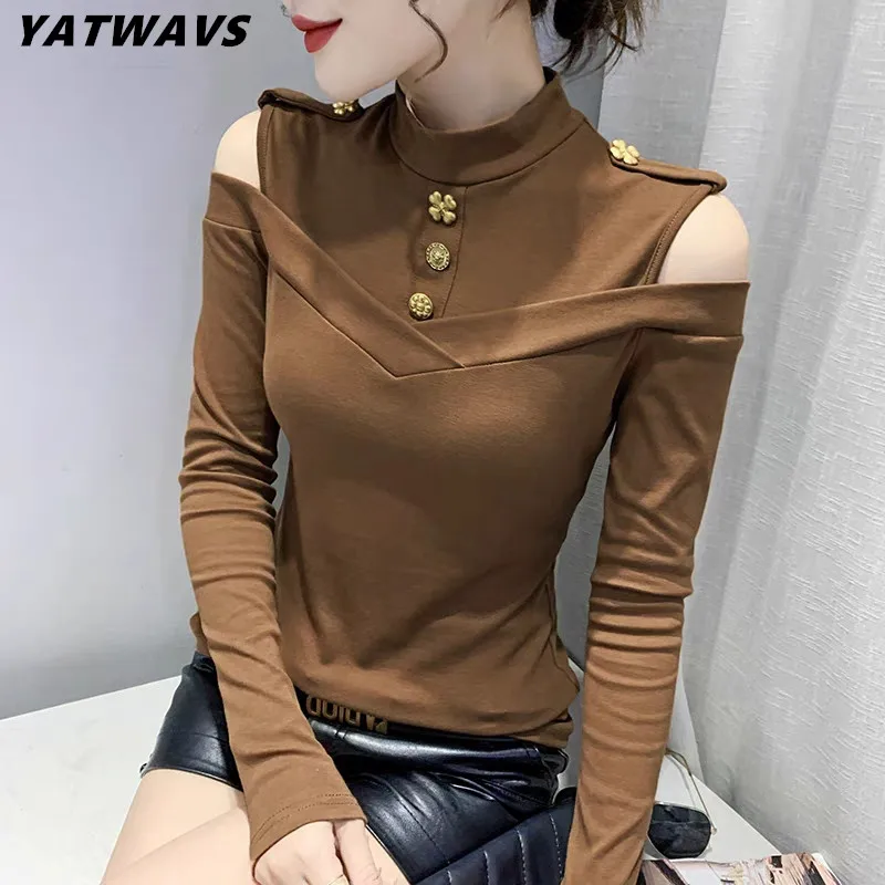 

High Quality New Autumn European Long Sleeve Cotton T-Shirt Chic Women Turtleneck Button Sexy Off Shoulder Slim Tops Tees Blouse