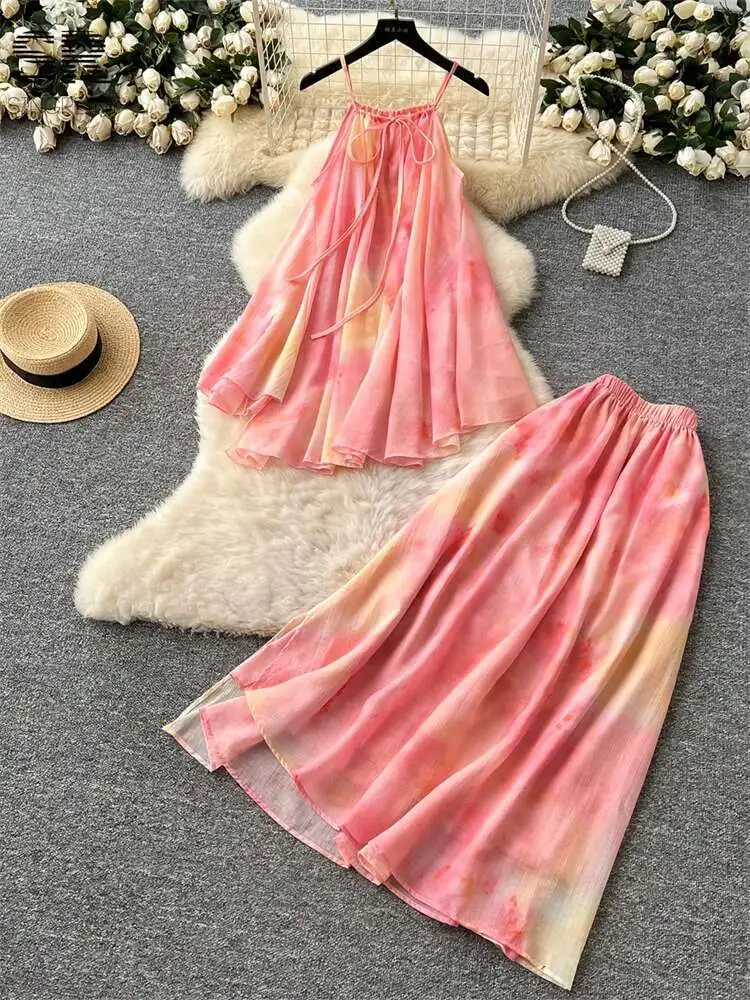 BabYoung Summer Vacation Two Piece Sets 2025 French Style Sexy Halter Camis Elastic Waist Skirt Women Gentle Print Beach Suits