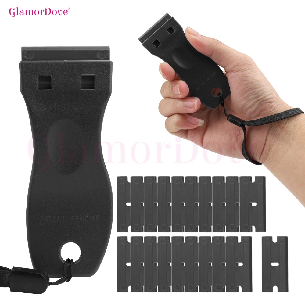 

GlamorDove 2 Pcs Plastic Razor Blade Scraper + 20 Blades & Lanyard – Tape-In Hair Extension Adhesive Remover, Scratch-Free Tool