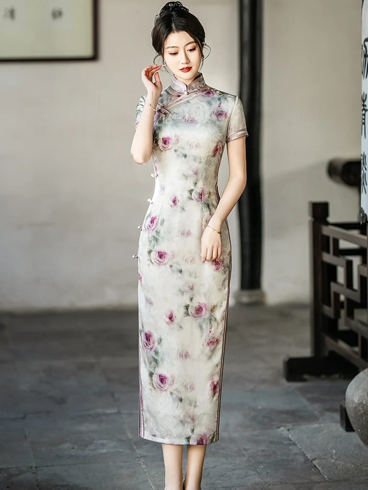

Young Sle Purple Ele Vintage Chinese New Wedding Engagement Long Slant Collar ort Sve Breathable Long Dr