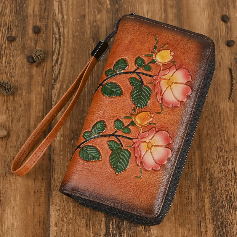 Real leather zipper bag lady long wallet restoring ancient ways many flowers for anti-theft brush high-grade hand bag