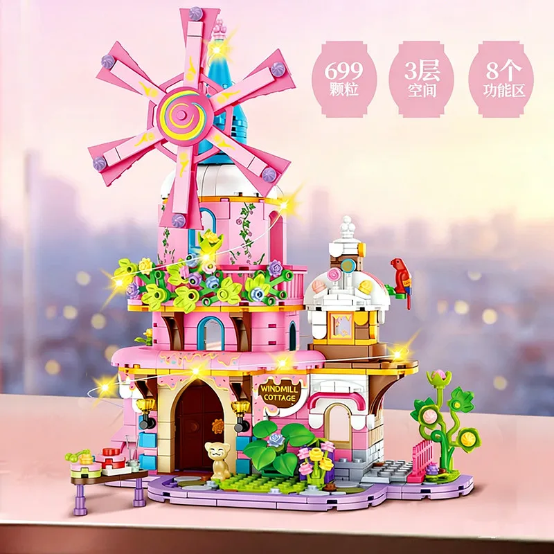 

699pcs Enchanted Windmill Castle Building Blocks, Rotating House Model Creative Assembly Toy, Educational Gift for Girls