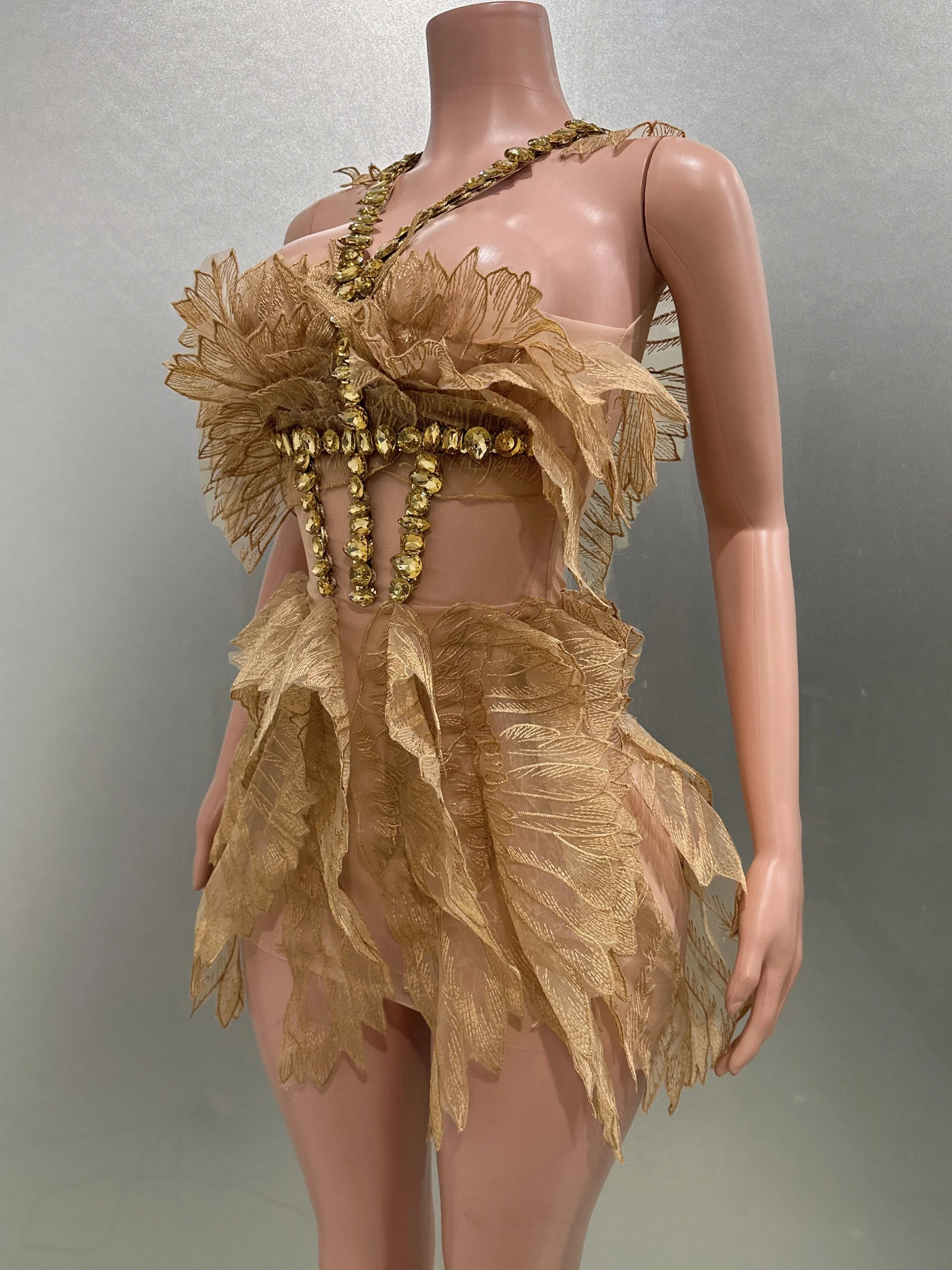 Mini robe en dentelle dorée avec biscuits clignotants pour femme, costume de performance, tenue de scène, séparés euse, chanteuse, fête d'anniversaire, soirée