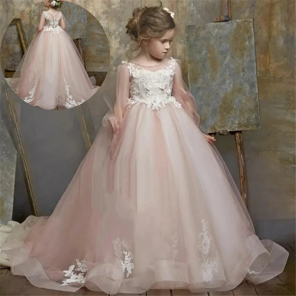 

Elegant Flower Girl Dress White Lace Appliques Pink Tulle Puffy for Wedding Kids Birthday Gift Party Banquet Princess Gowns