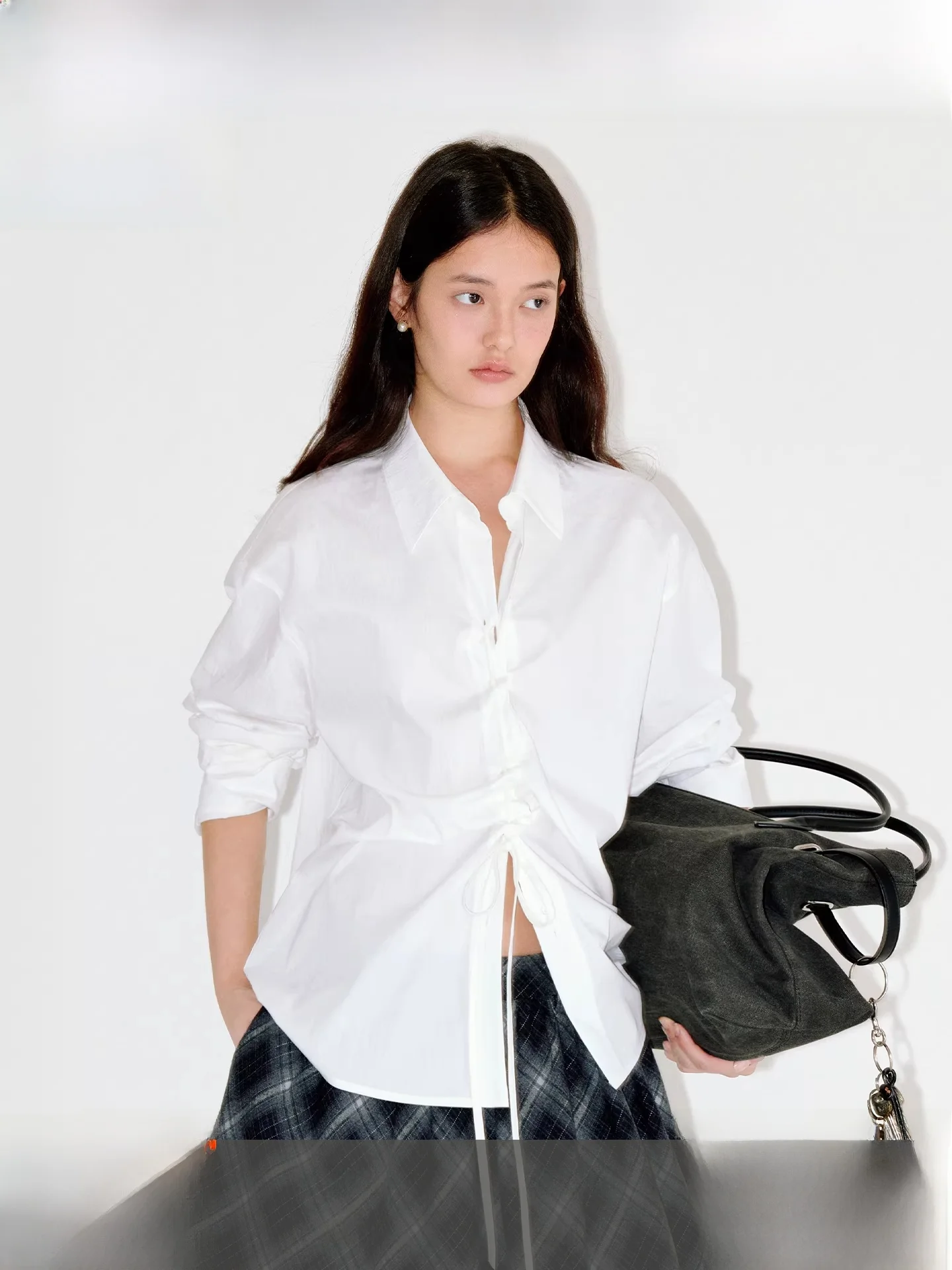 

Fano Deconstructive Pleated Belted Multi-Sle Design Women's irt Spring 2026 Loose Fit Cotton Blend Long Sve Blouse