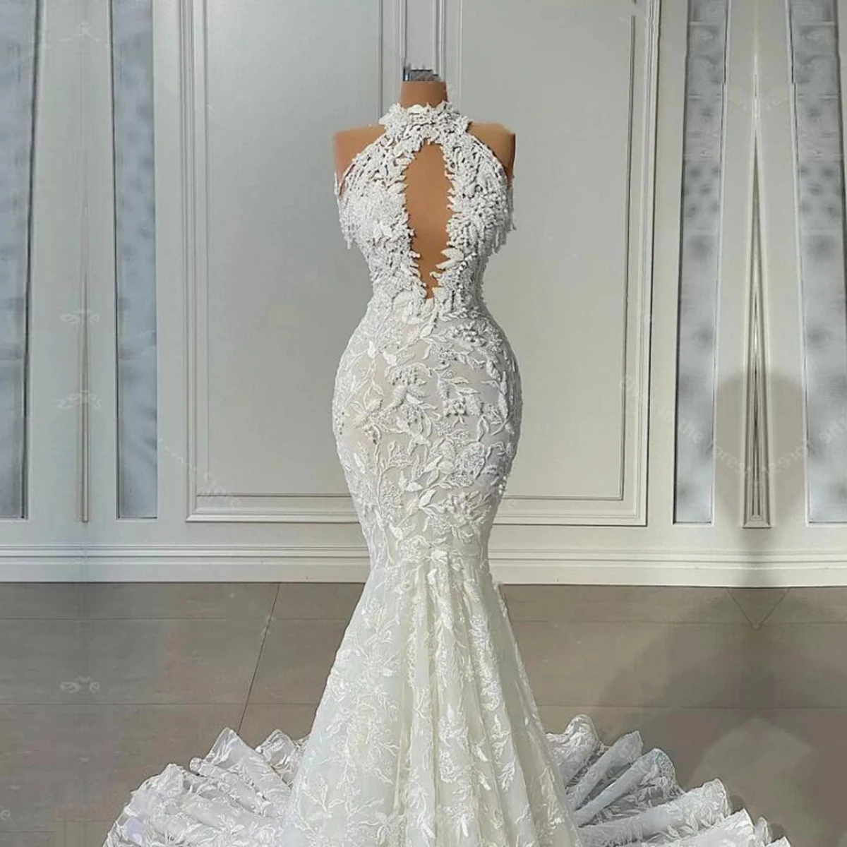 

Arabic African Mermaid Wedding Dresses For Bride High Neck Pearls Beaded Bridal Gowns Customized Women Formal Party Clothing