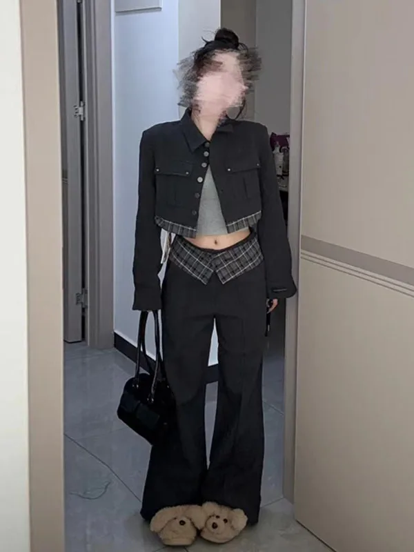 

Fashionable Short Style Checks Matching Set with Straight Leg Pants in Deep Grey for Women Spring Autumn Versatile Outfit