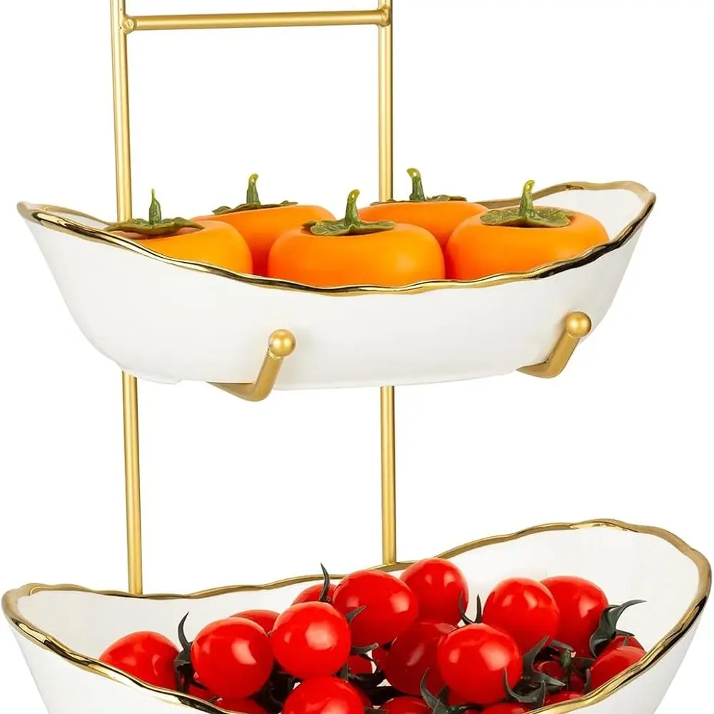 

Трехъярусная керамическая миска для фруктов большой емкости с металлической подставкой для кухни, идеально подходит для хлеба, закусок и фруктов