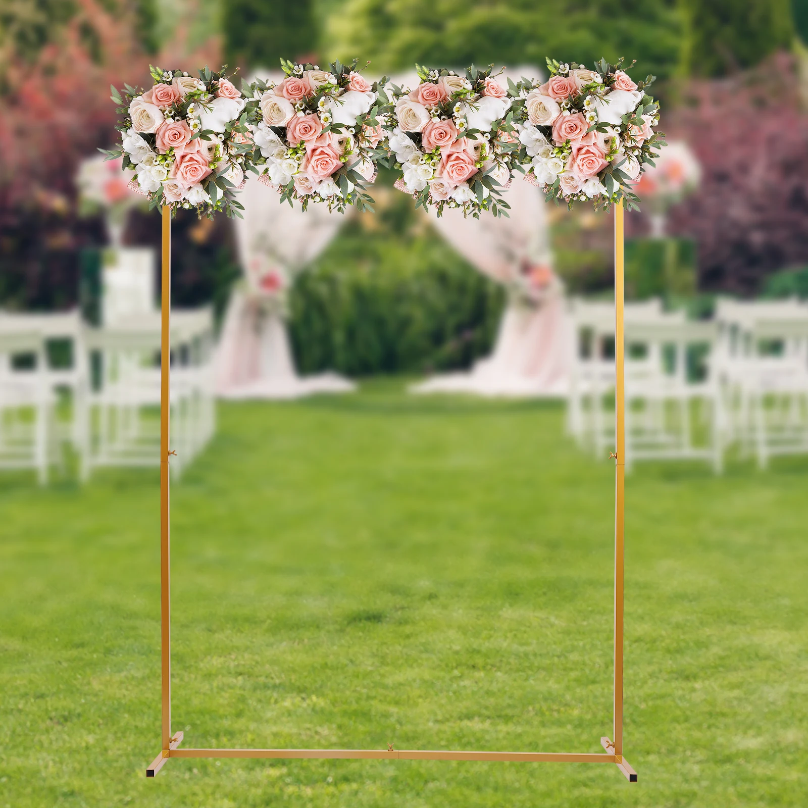 2*1.5M Wedding Arch Stand with Base Metal Square Garden Backdrop Frame Flower Balloon Decor Rack Gold for Birthday Party Event