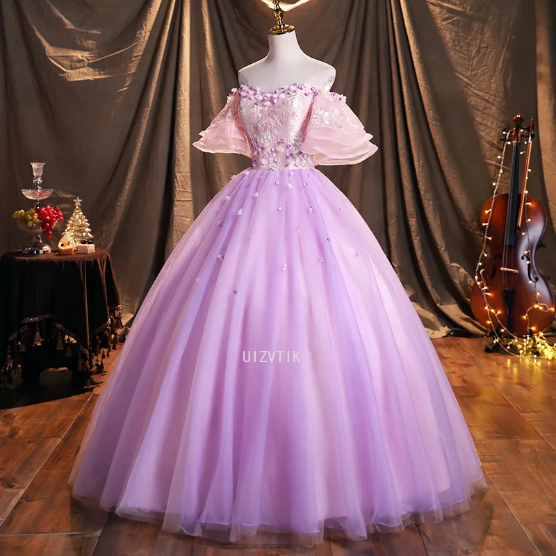 Customized Purple Ball Gown Women Evening Dresses Women Appliques Tulle Prom Birthday Party Gowns Formal Wedding Dresses