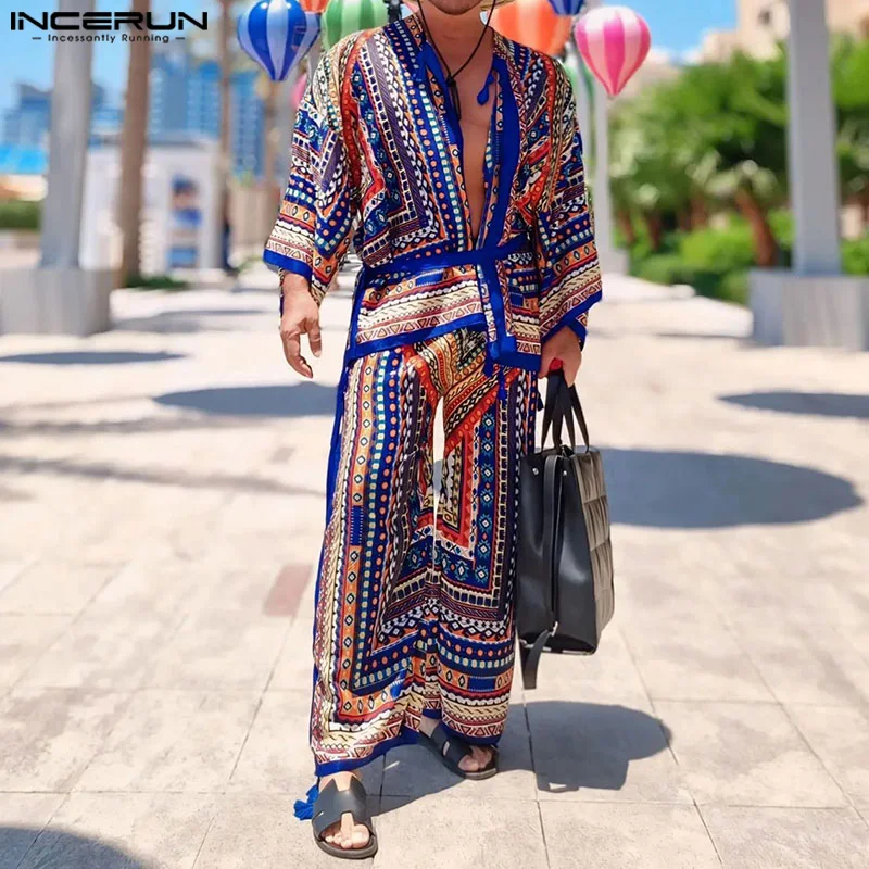 Fashion Casual Style Sets INCERUN 2024 Men\'s Three-quarter Sleeve Cardigan Pants Sexy Male Ethnic Printed Two-piece Sets S-5XL