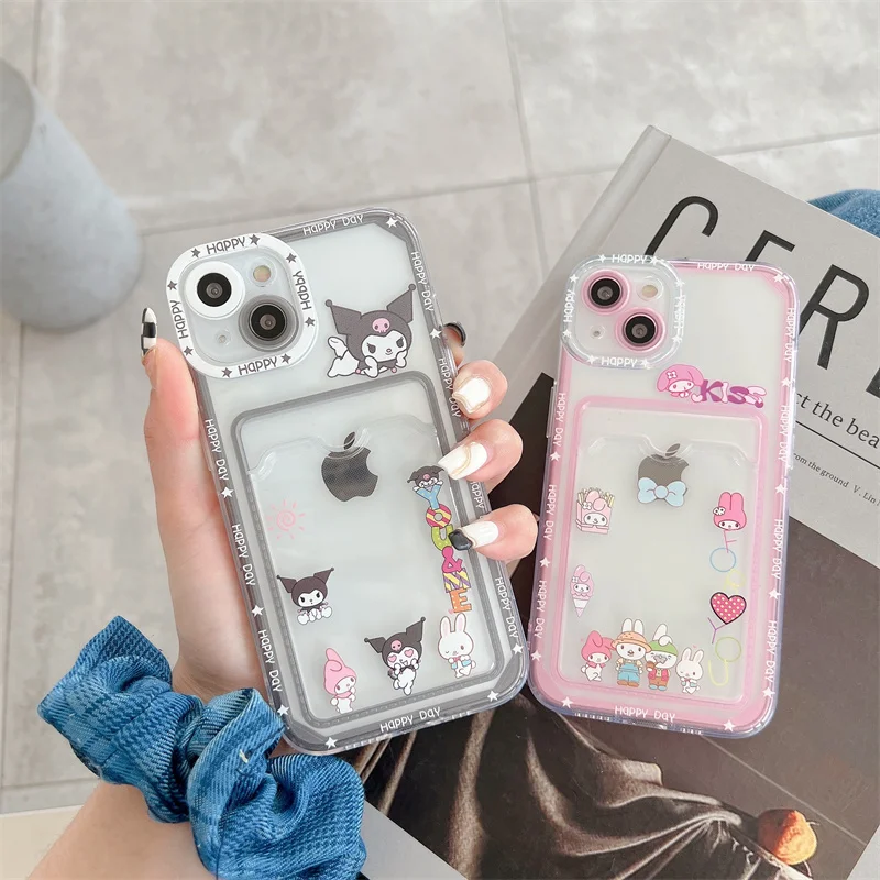 Sanrio Melody Kuromi Phone Case For Apple Iphone 15 14 13 11 12 Pro Max X XR XSM 7 8 Plus Cartoon Soft Card Holder Back Cases