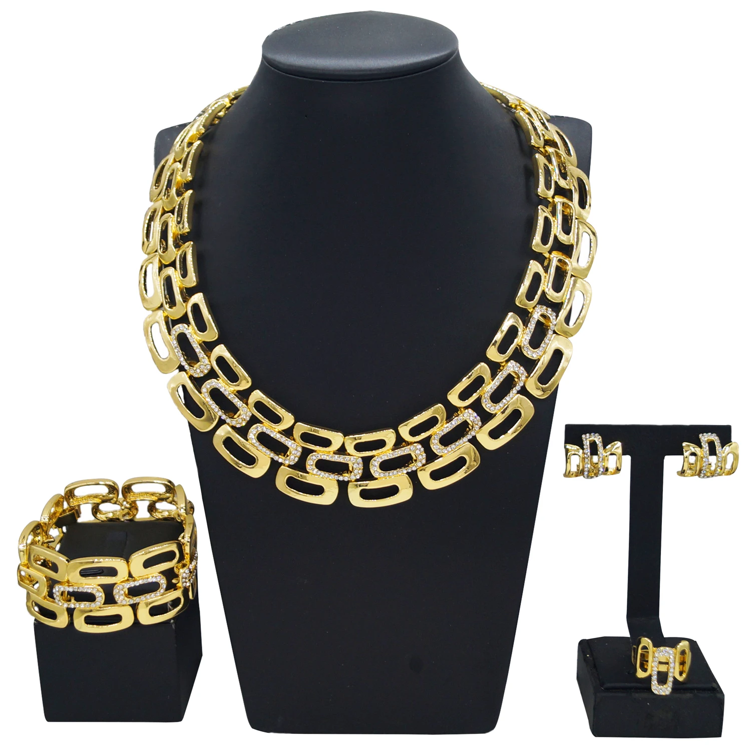 

New In Crystal Dubai 24K Gold Plated Necklace Earrings and Rings for Women's Wedding Party Jewelry Set High Quality