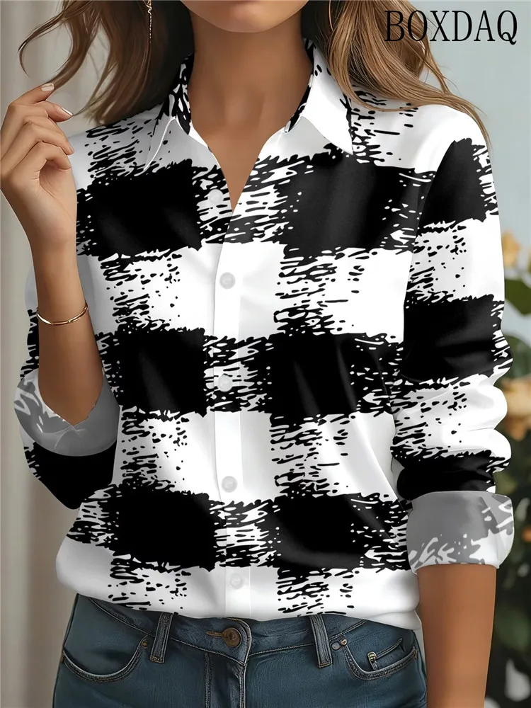 Fashion Geometric Printed Long Sleeved Women's Blouse 2026 Lapel Button Casual Loose Autumn Shirts