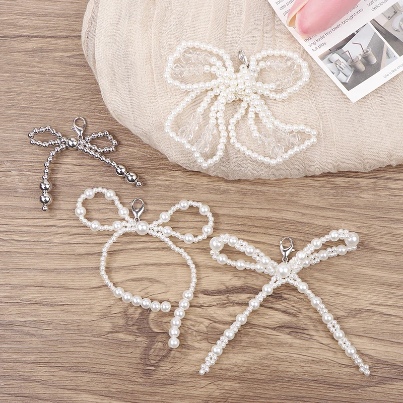 2pcs Bow Shoelace Chain Decor Handmade Pearl Bead Bowknot Shoe Buckle Decoration Accessories DIY Keychain Bag Pendant