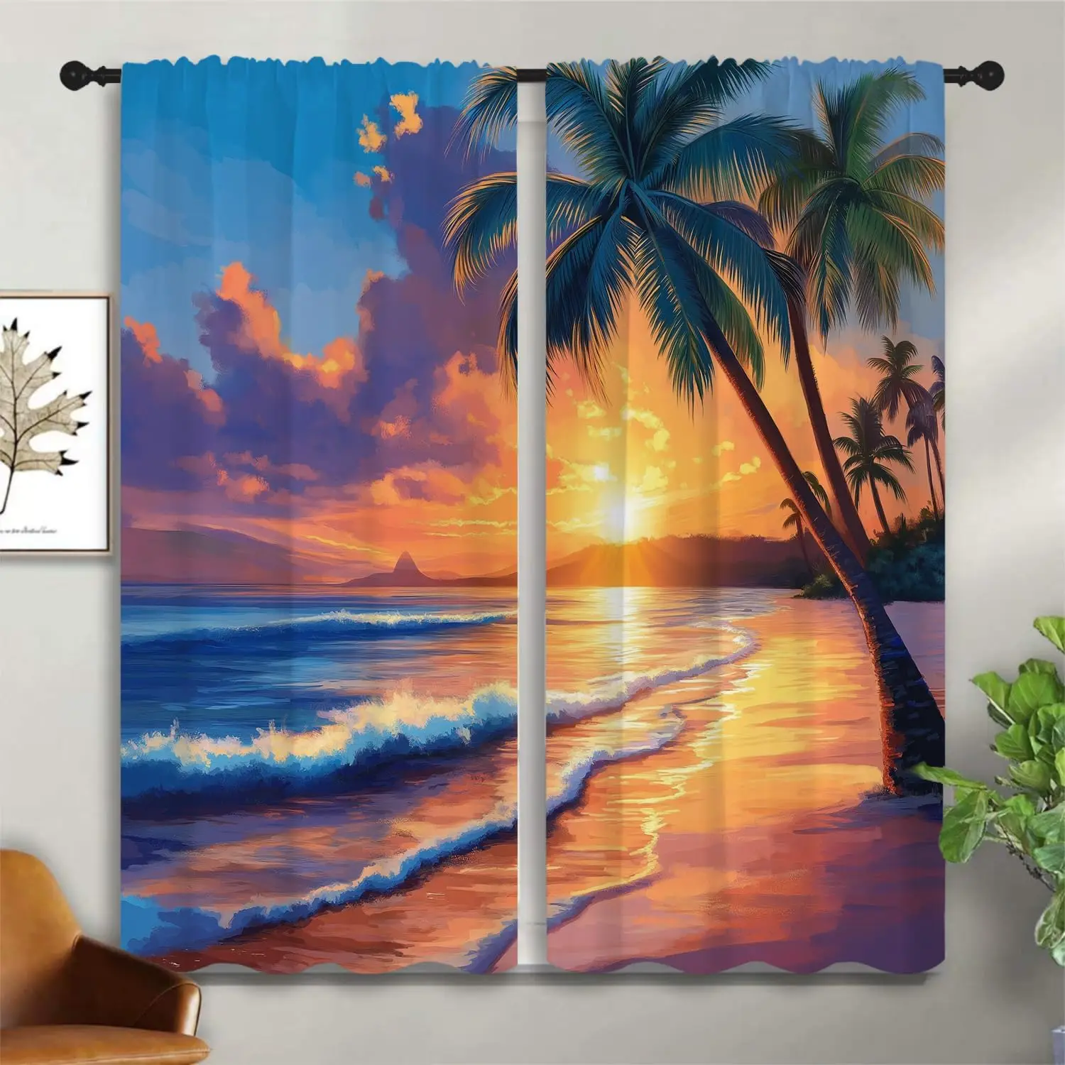 Beach Boy Girls Blackout Curtains,Tropical Sea Palm Tree Coastal Rustic Sunset Seascape, 2 Panel Rod Pocket Thermal Insulated