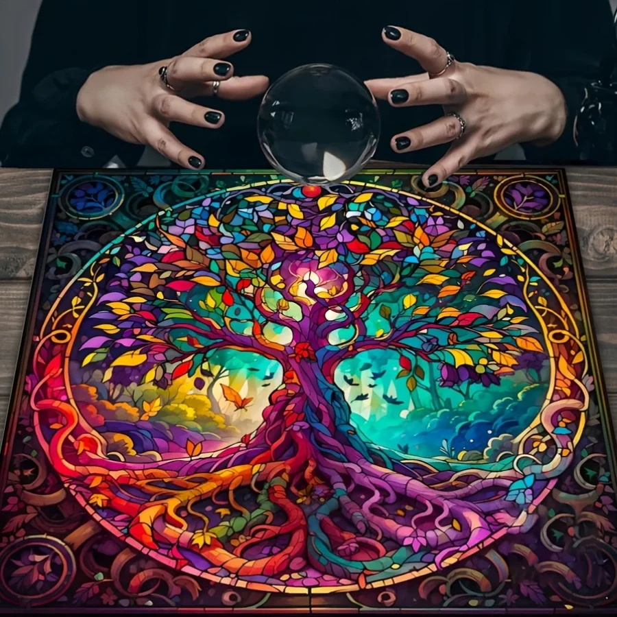 1pc Mysterious Tree of Life Altar Cloth, Black Tarot Table Cover, Lunar Phase Pattern Mat, for Meditation, Tarot Reading, Gaming