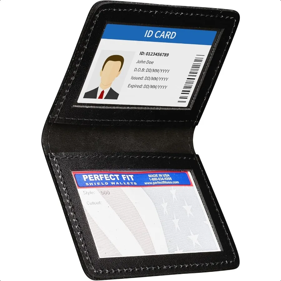 

Perfect Fit Shield Wallets Duty Leather 2 ID Leather Bifold License Holder Dual Double I.D. Case Card Permit Slim Wallet Black