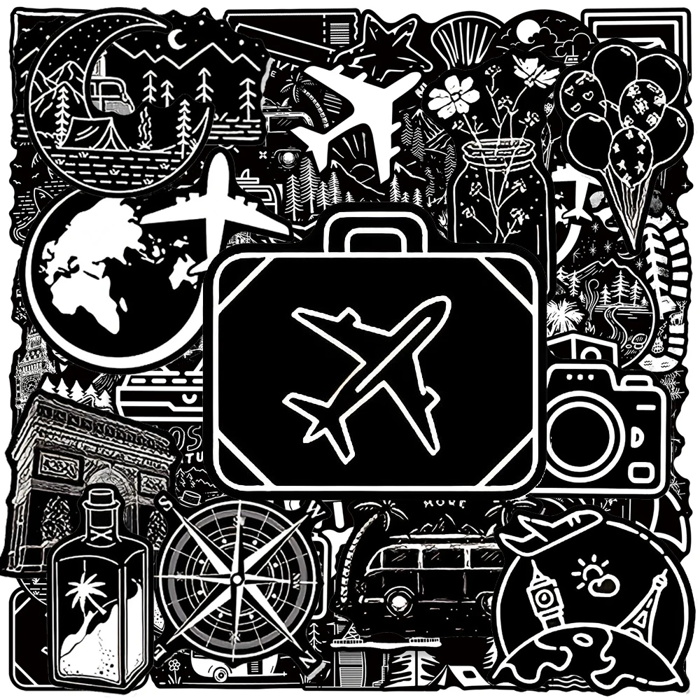 

10/30/50pcs Black White Outdoor Travel Stickers Cartoon Creative Decals Notebook Phone Luggage Funny Graffiti Sticker Decoration